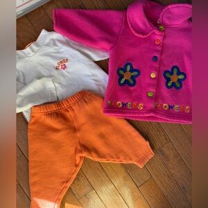 🌼 Vintage Three Piece Flower SET, Fleece Jacket w/ Flower Appliqués & Pants, 12m